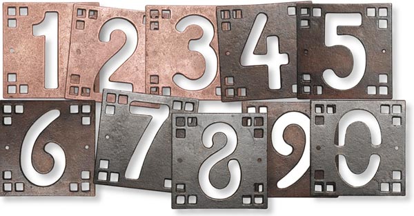 Pasadena style copper and bronze house number examples