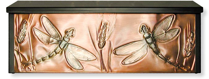 Dragonfly and wheat horizontal copper clad mailbox