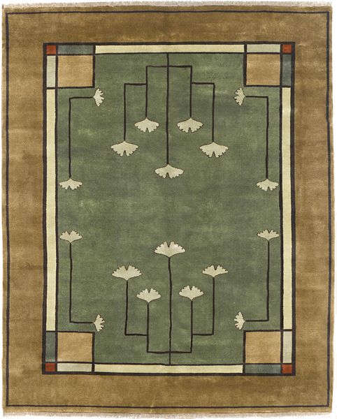 Gingko 8 by 10 rug in hand knotted wool jade colorway