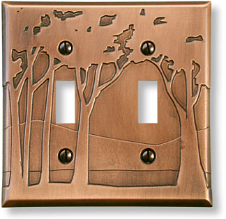 tree motif double toggle etched copper craftsman style light switch plate